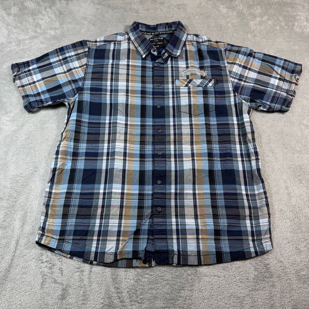KAVU Button‎ Down Shirt Mens Large Blue Plaid Sierra Nevada Patch Short Sleeve